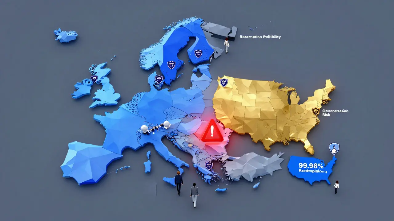 Global map with low-poly regions highlighting EU's strict reserve rules and US's Treasury-backed stablecoin dominance.