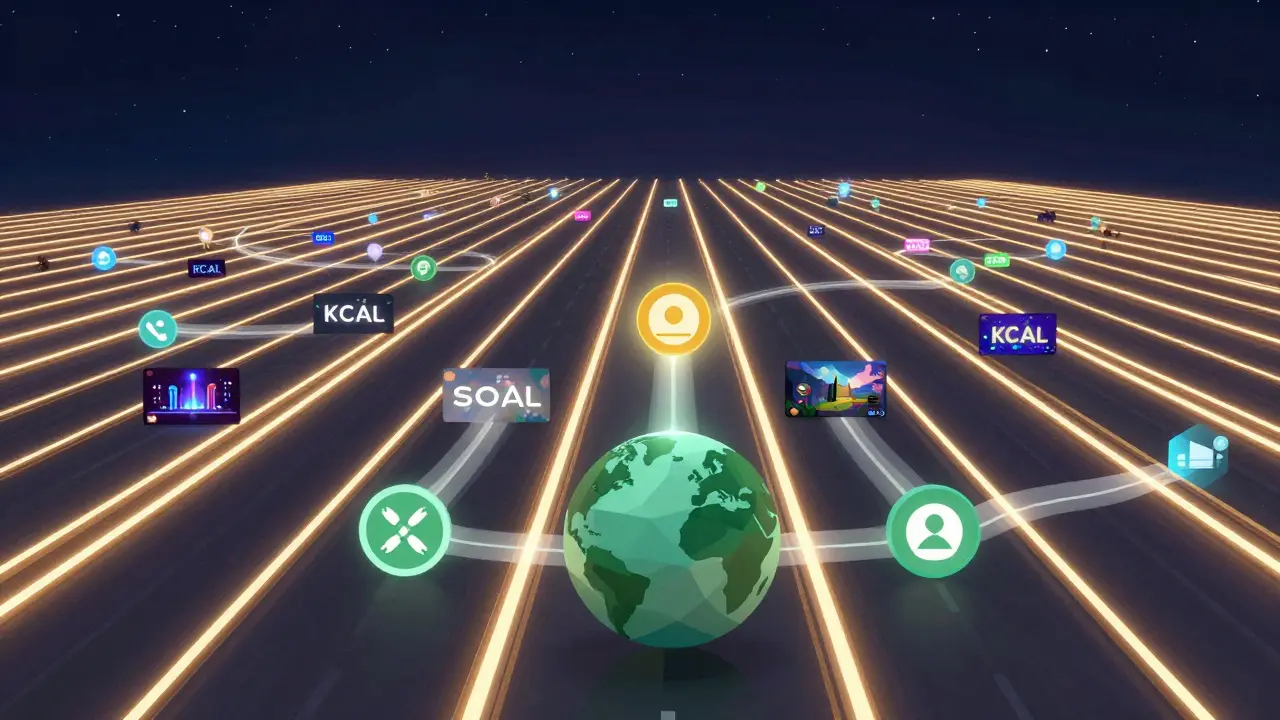 Infinite parallel blockchain chains glow like highways under a starry sky, with a green Earth at the center representing carbon-negative operations.