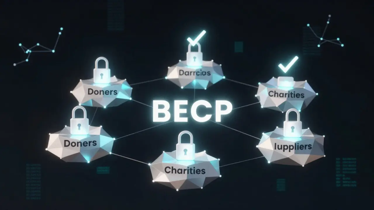 Interconnected entities in a blockchain charity framework with verified nodes and locks.