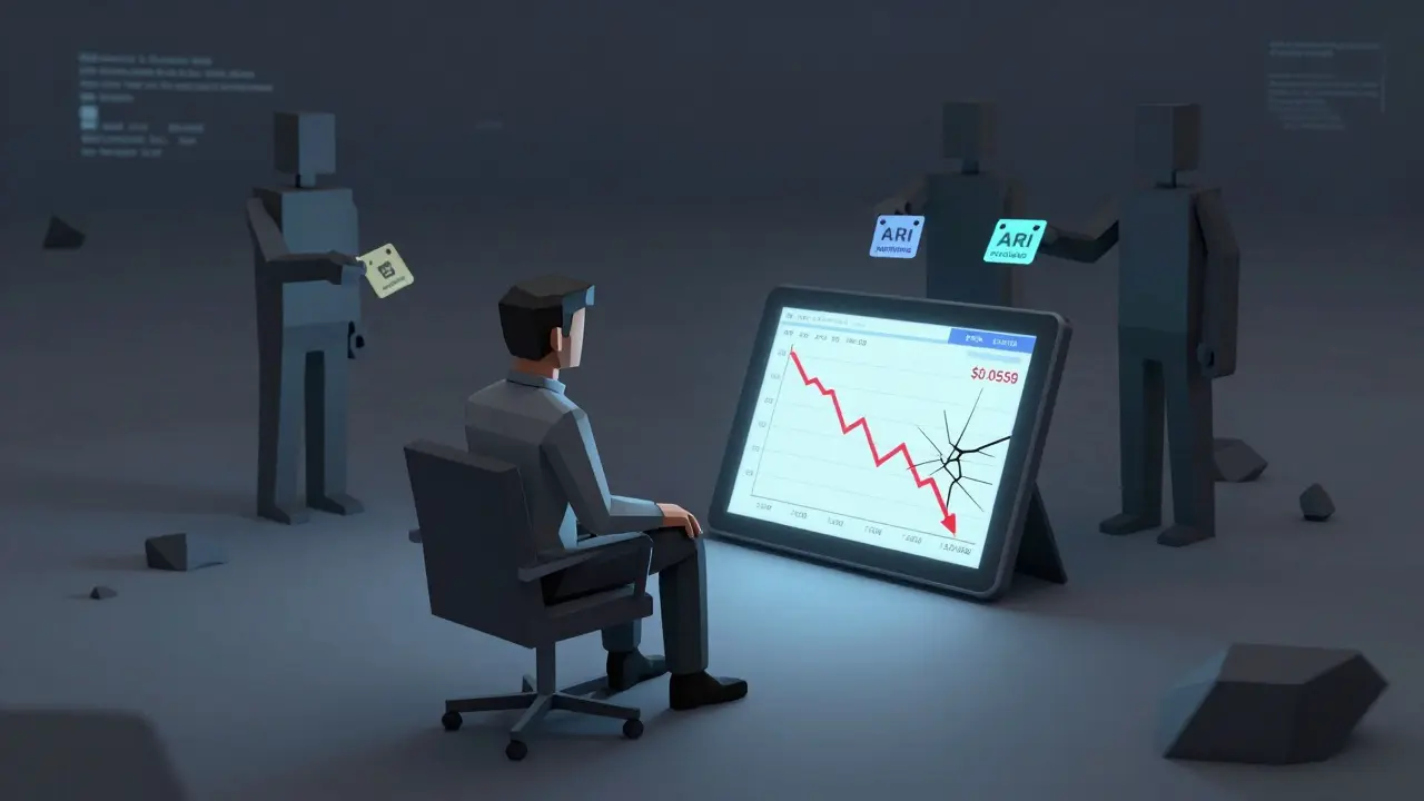 Investor staring at a plummeting ARV price chart on a tablet, shadowy scam figures behind them in low-poly digital landscape.