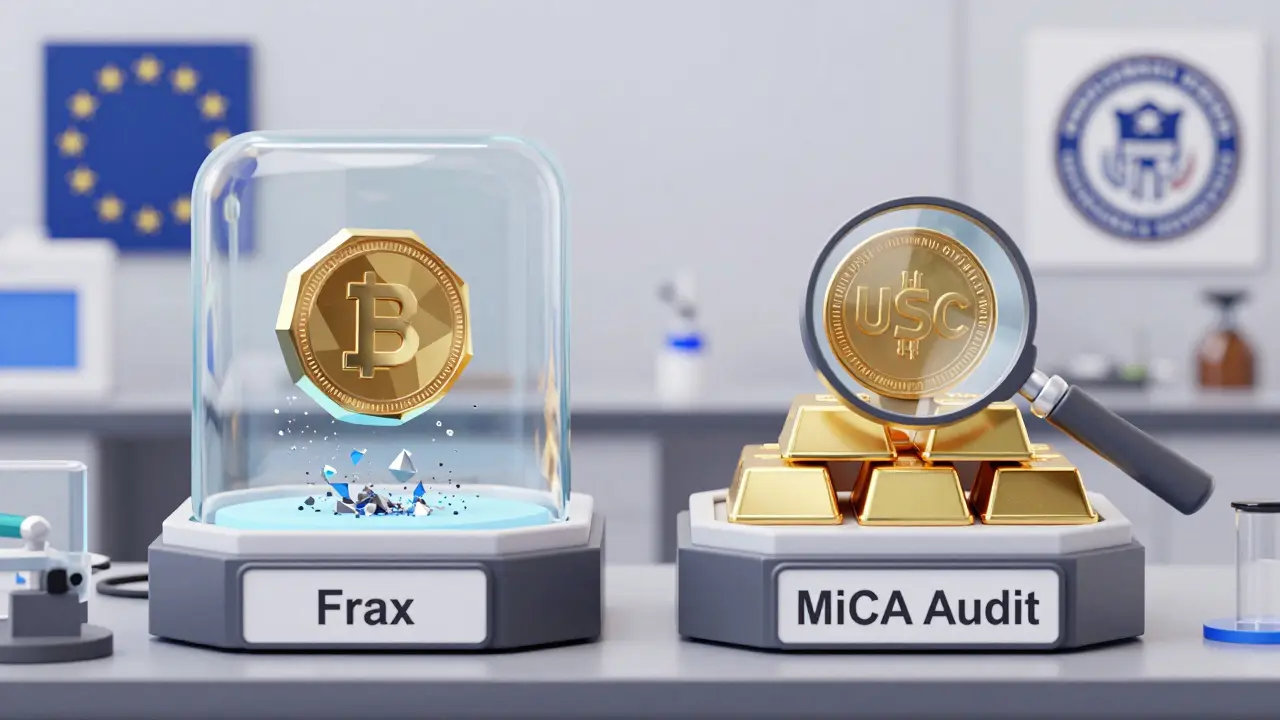 Laboratory setting showing algorithmic stablecoin collapse versus fully backed token under regulatory scrutiny.