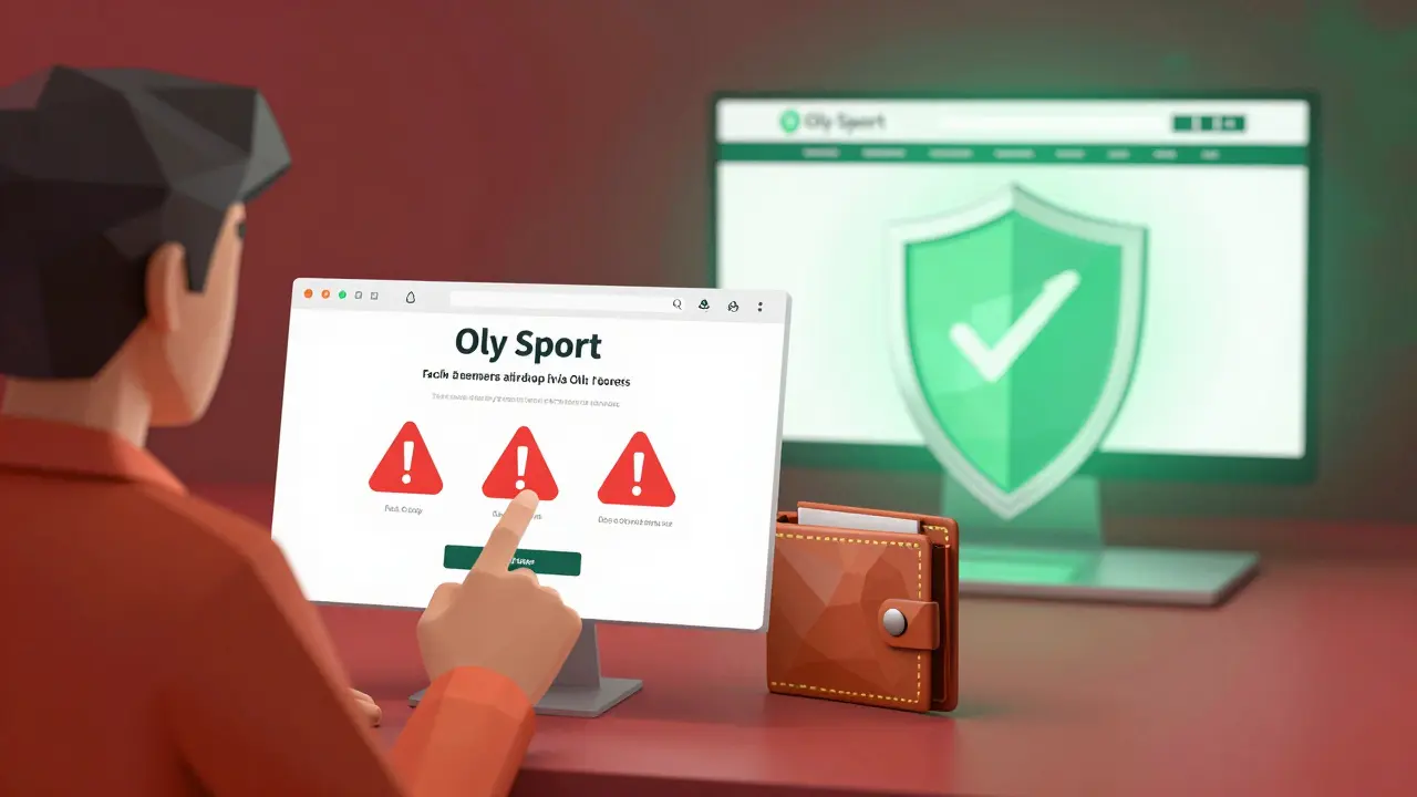 Low poly scene showing phishing attempt with red warning, shield-protected official site in background.