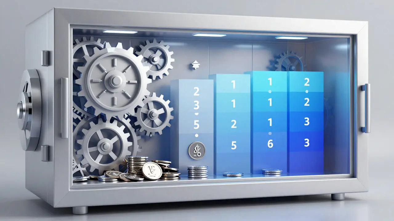 Low poly token distribution system with gears and vault releasing tokens in stages.