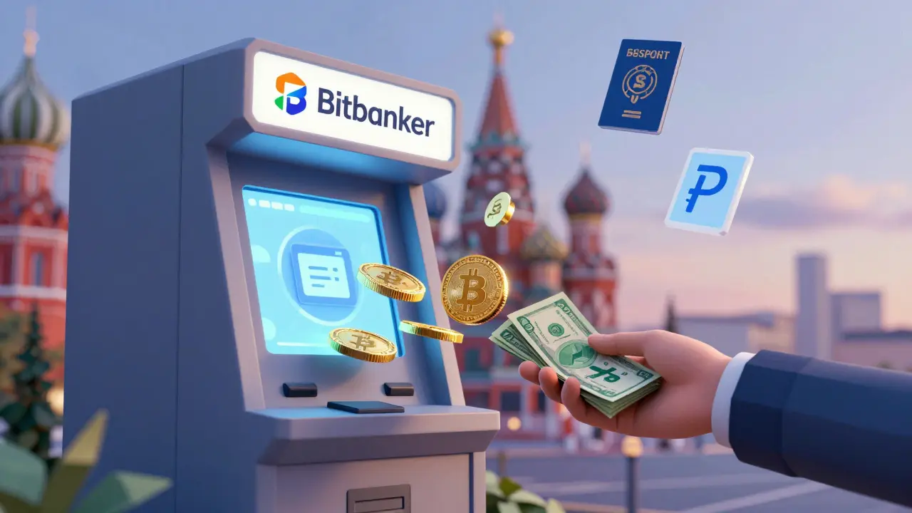 Person depositing cash at a kiosk as Bitcoin blocks emerge, illustrating cash-to-crypto service in Moscow.