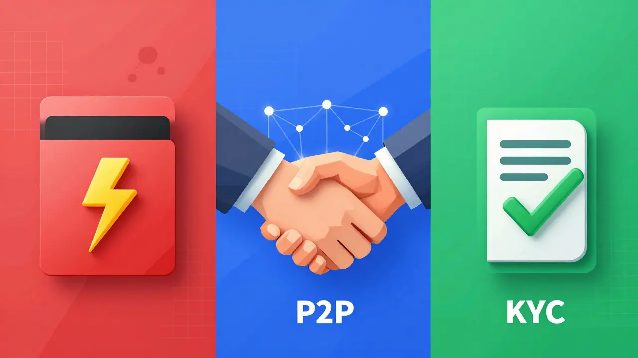 Three abstract low poly scenes: bank card payment, peer-to-peer handshake, and KYC verification.