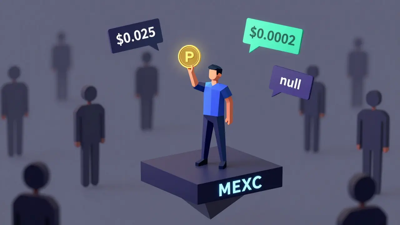 Trader on MEXC platform holding a PEN token surrounded by conflicting price tags drifting into void.
