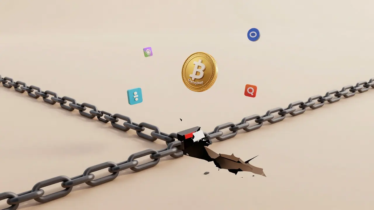 Two dead blockchain chains ending at a crumbling CherrySwap logo with a lone token spinning uselessly.