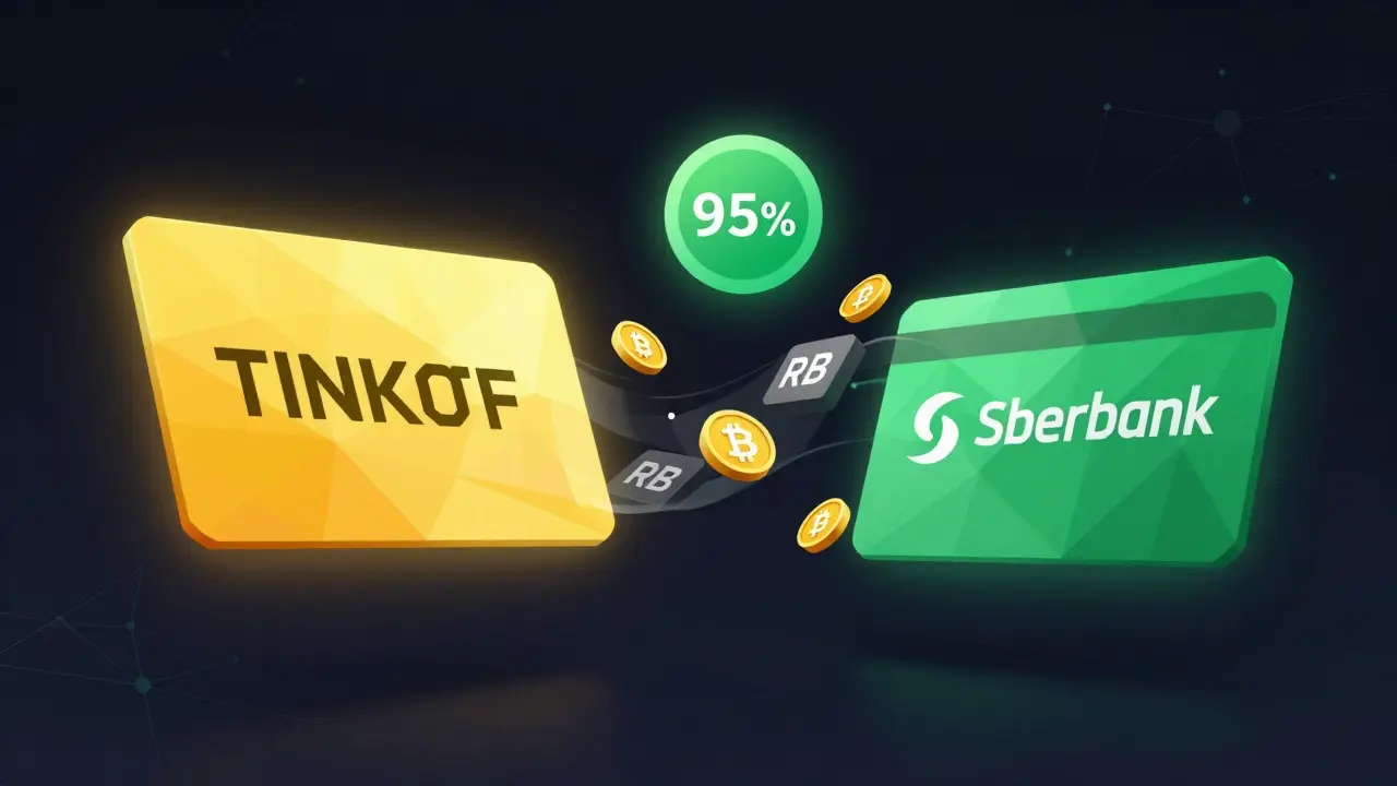Yellow and green bank cards in low-poly style with RUB transforming into crypto, representing P2P trading reliability.