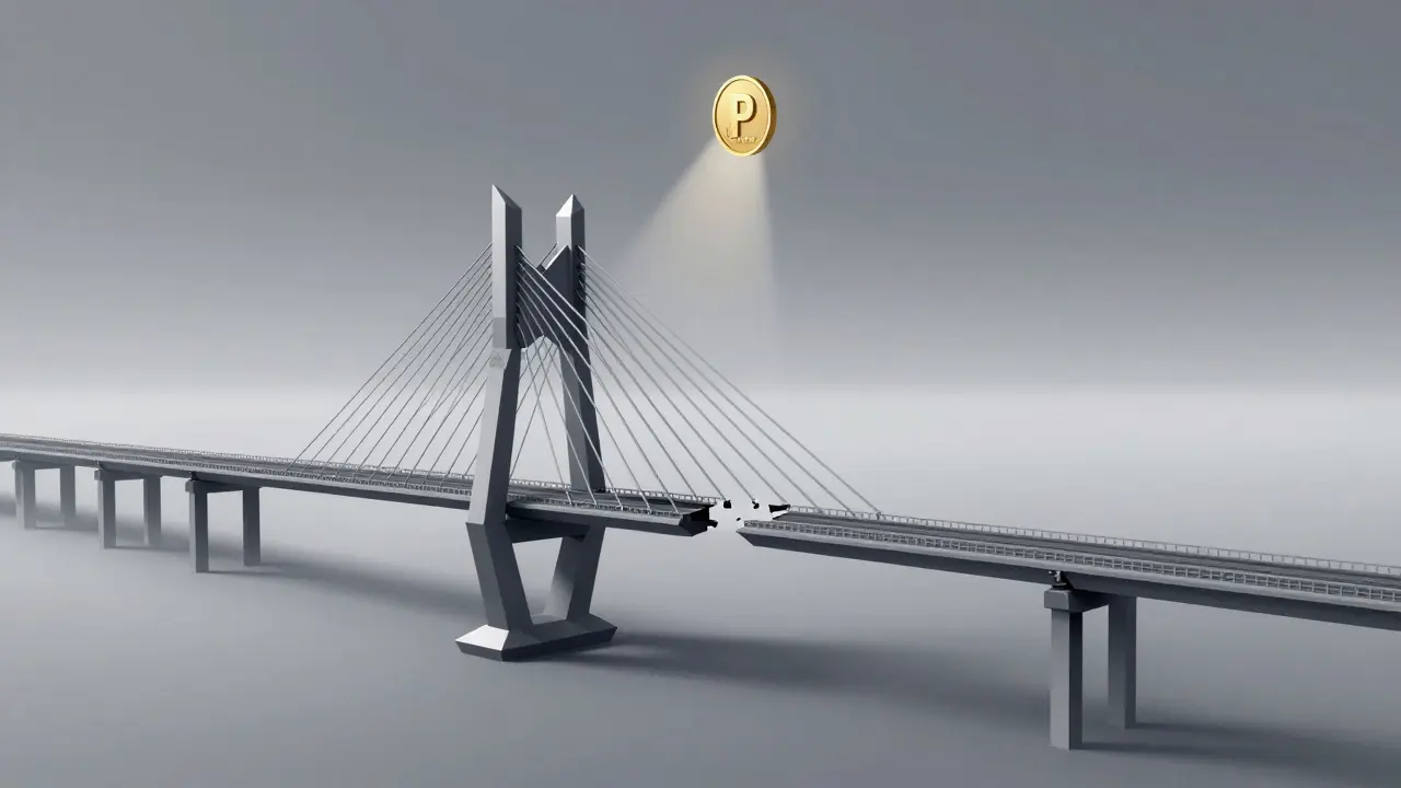 A broken bridge of geometric shards leads to emptiness, with one PSWAP token hovering in the gap.