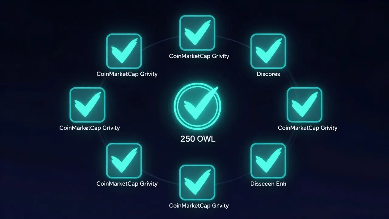 A circular dashboard with nine checkmarked platforms and a central OWL token.
