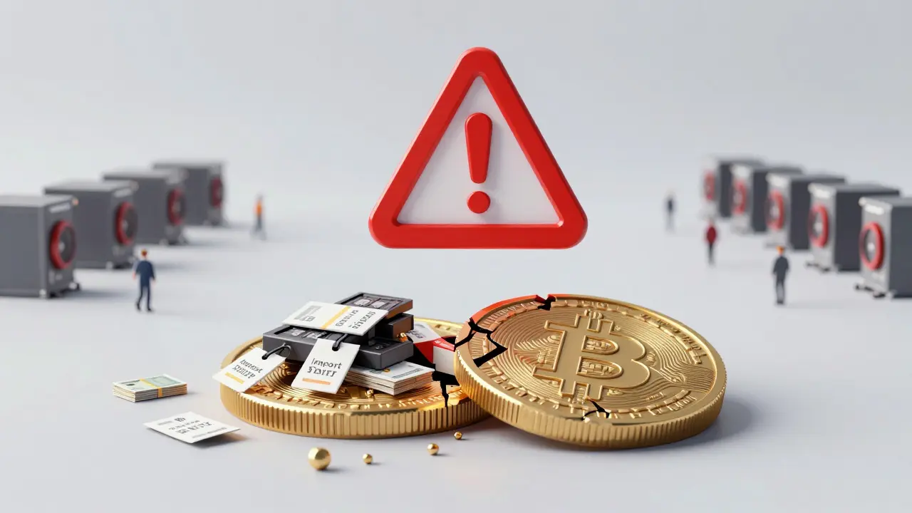 A cracked Bitcoin coin split between mining costs and minimal profit, with a tax warning symbol above.