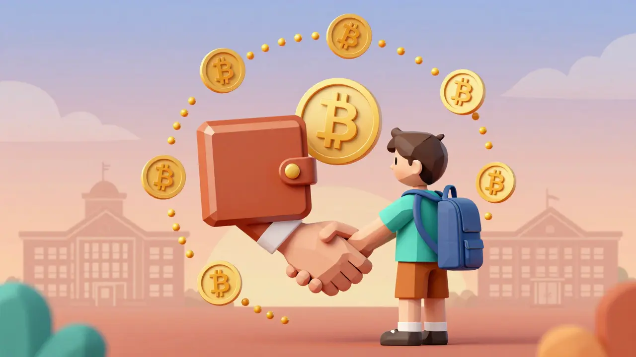 A crypto wallet and child shake hands surrounded by GIGGLE tokens and BNB symbols forming a chain of education.
