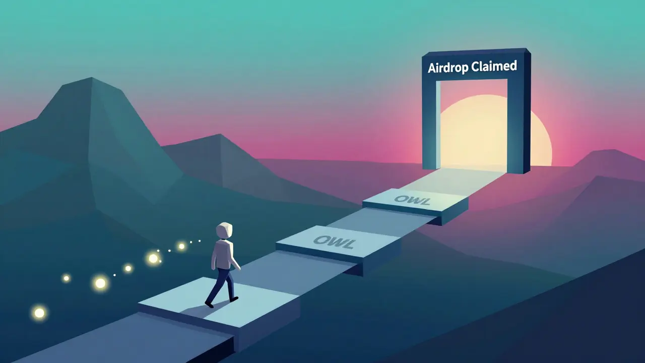 A figure walking a path of platforms ending at an airdrop portal with glowing tokens.