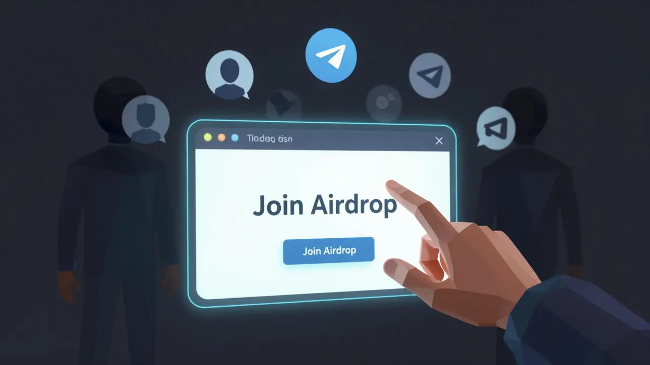 A hand reaching for a fake airdrop popup surrounded by shadowy social media icons.