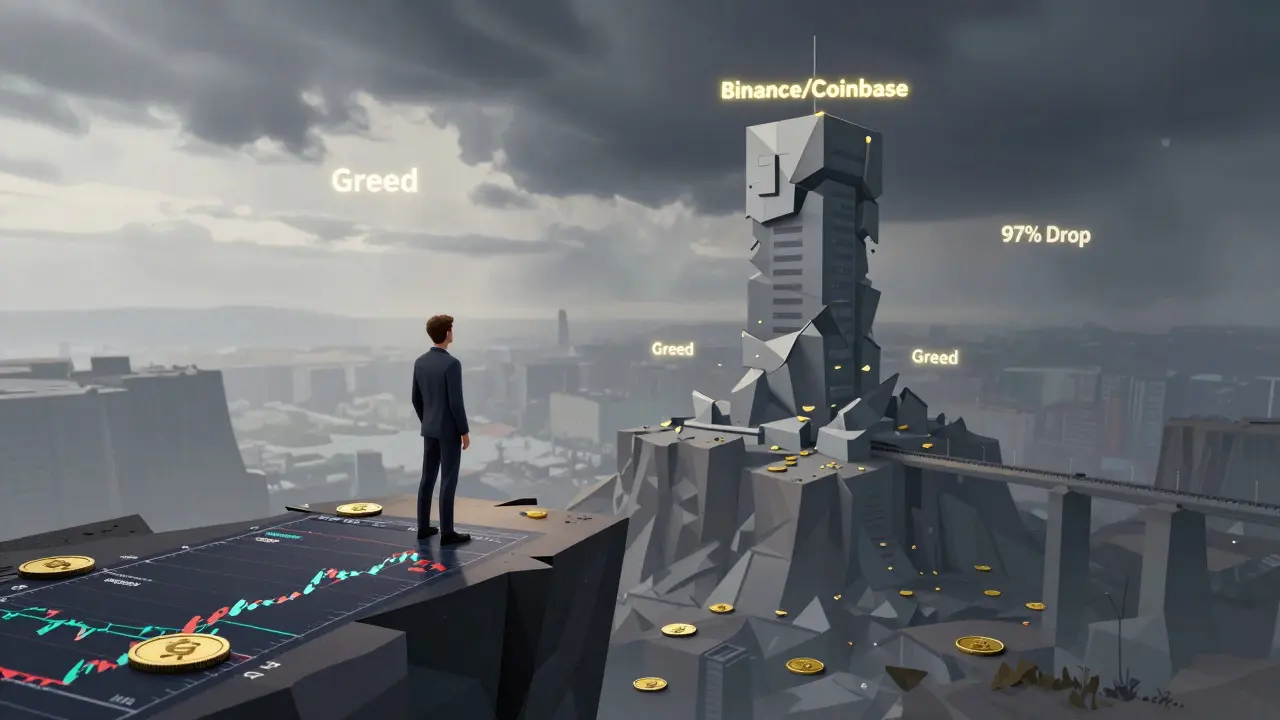 A lone figure on a cliff of charts facing a crumbling exchange tower with empty valley below.