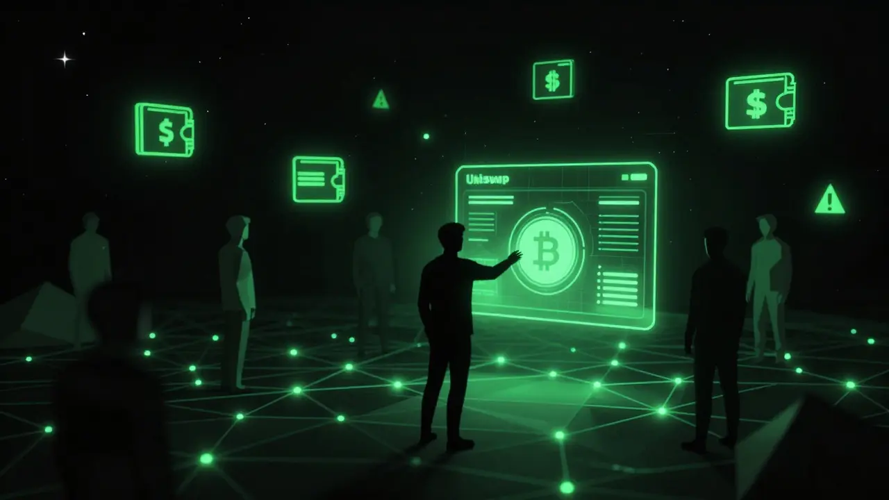 A lone user reaching for a decentralized crypto interface amid a network of unregulated P2P trade nodes.