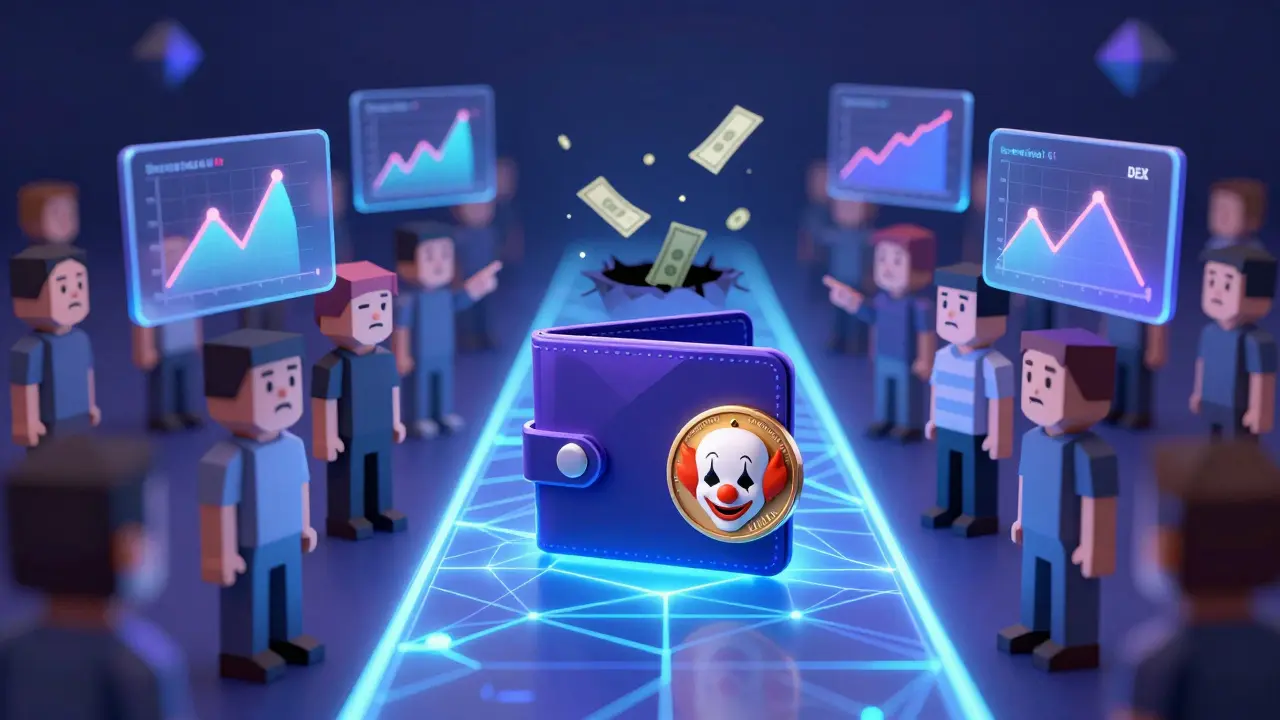 A Solana wallet holding a clown-mask token as price charts spike and crash nearby.