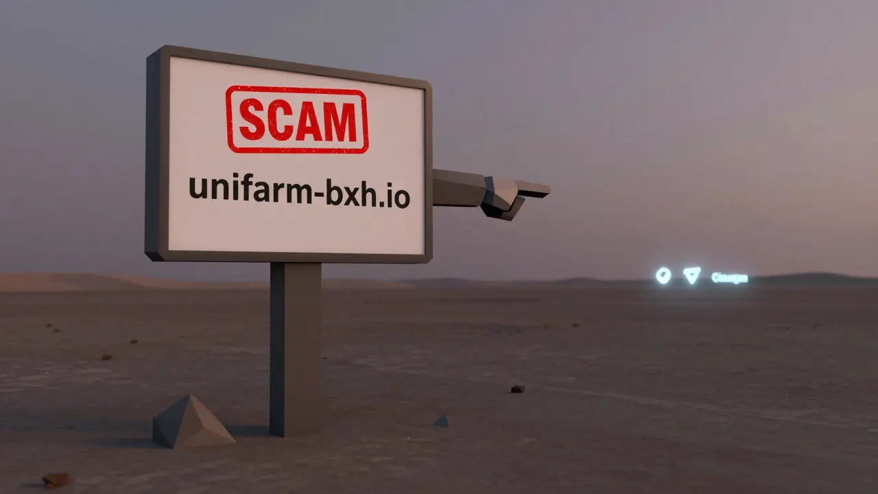 A warning sign in low poly style pointing to a fake website in a digital wasteland.