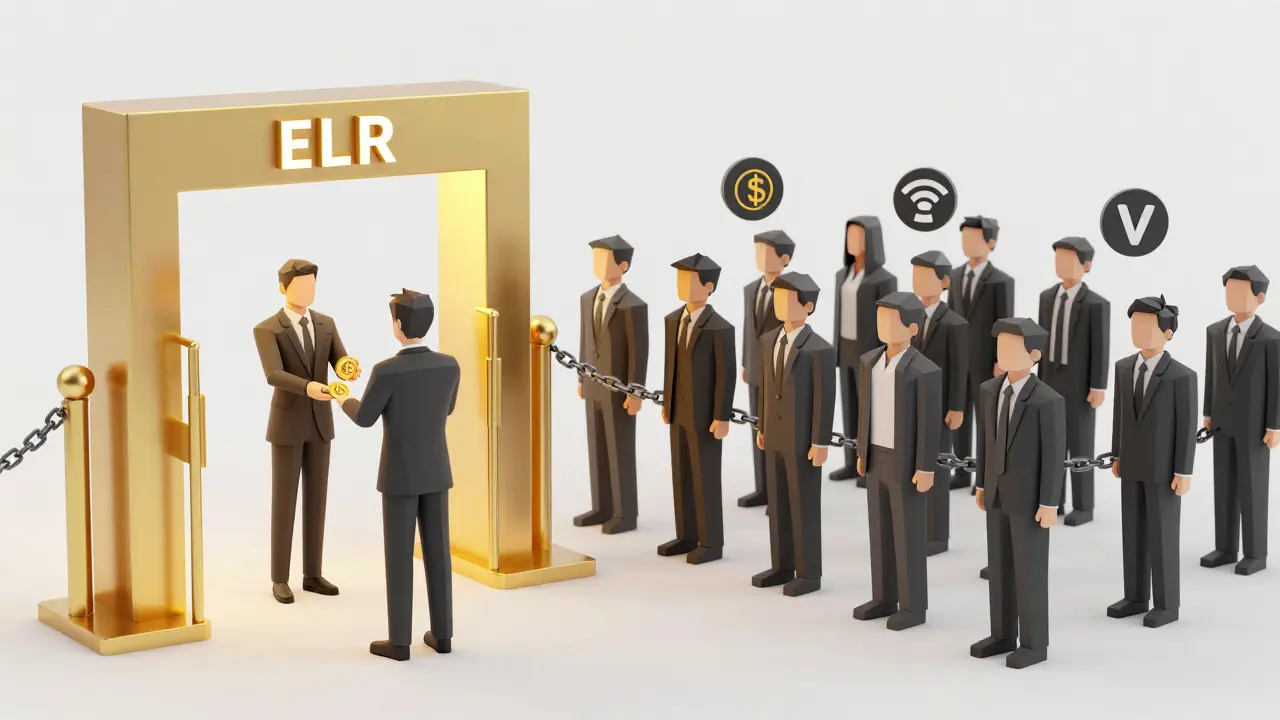 A wealthy person passing through a VIP crypto gate while others are blocked by bank and VPN chains.