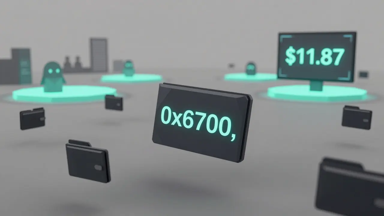 An abandoned blockchain address floating in a void, surrounded by empty wallets and a single .87 transaction.