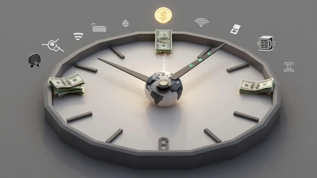 An abstract clock with three hands made of cash, government glyphs, and digital particles, symbolizing coexisting currencies.