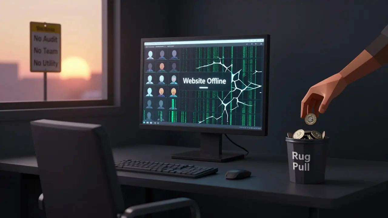 An empty digital room with a black screen showing 'Website Offline' and MTC tokens being thrown into a trash bin.