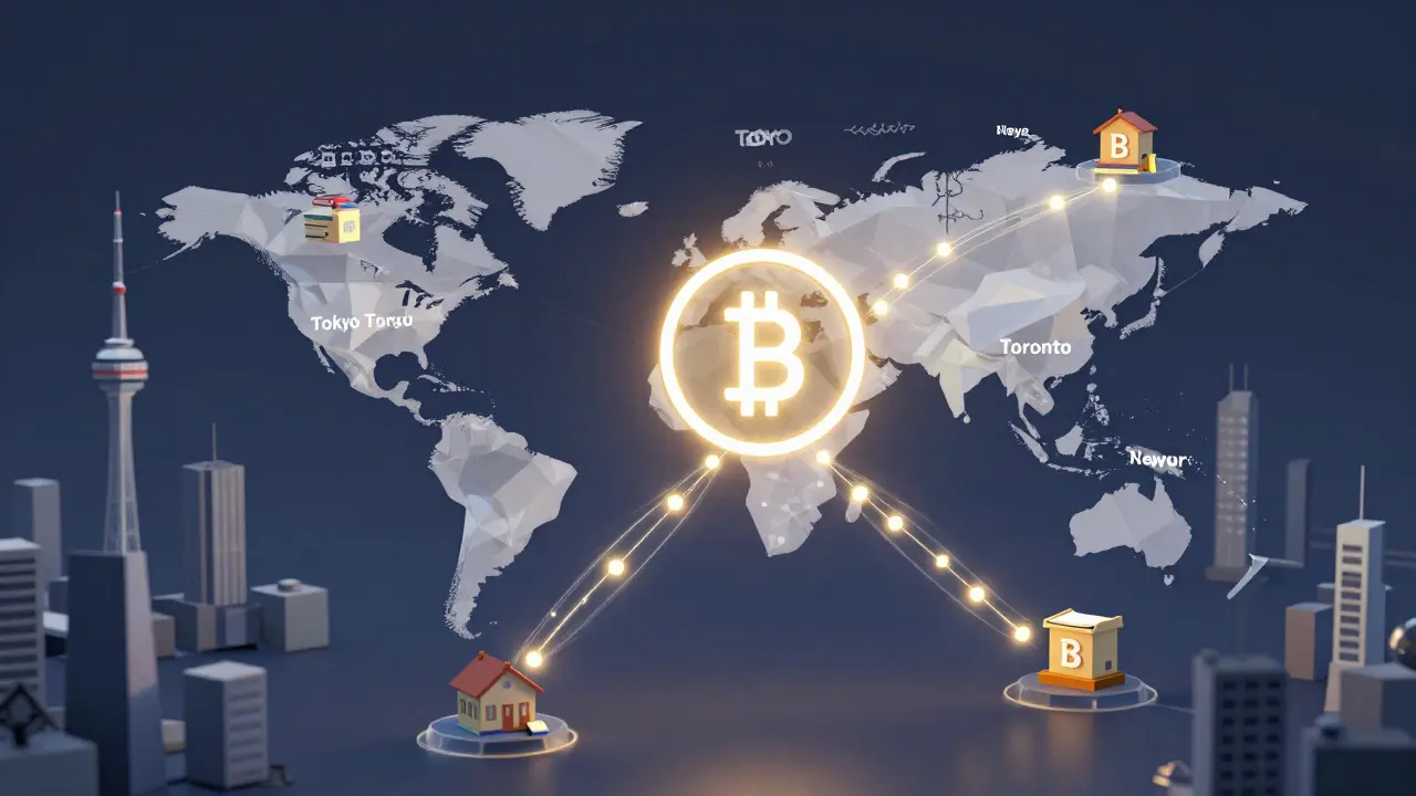 Blockchain donation trails from global cities flow into a public wallet, forming schools and books.