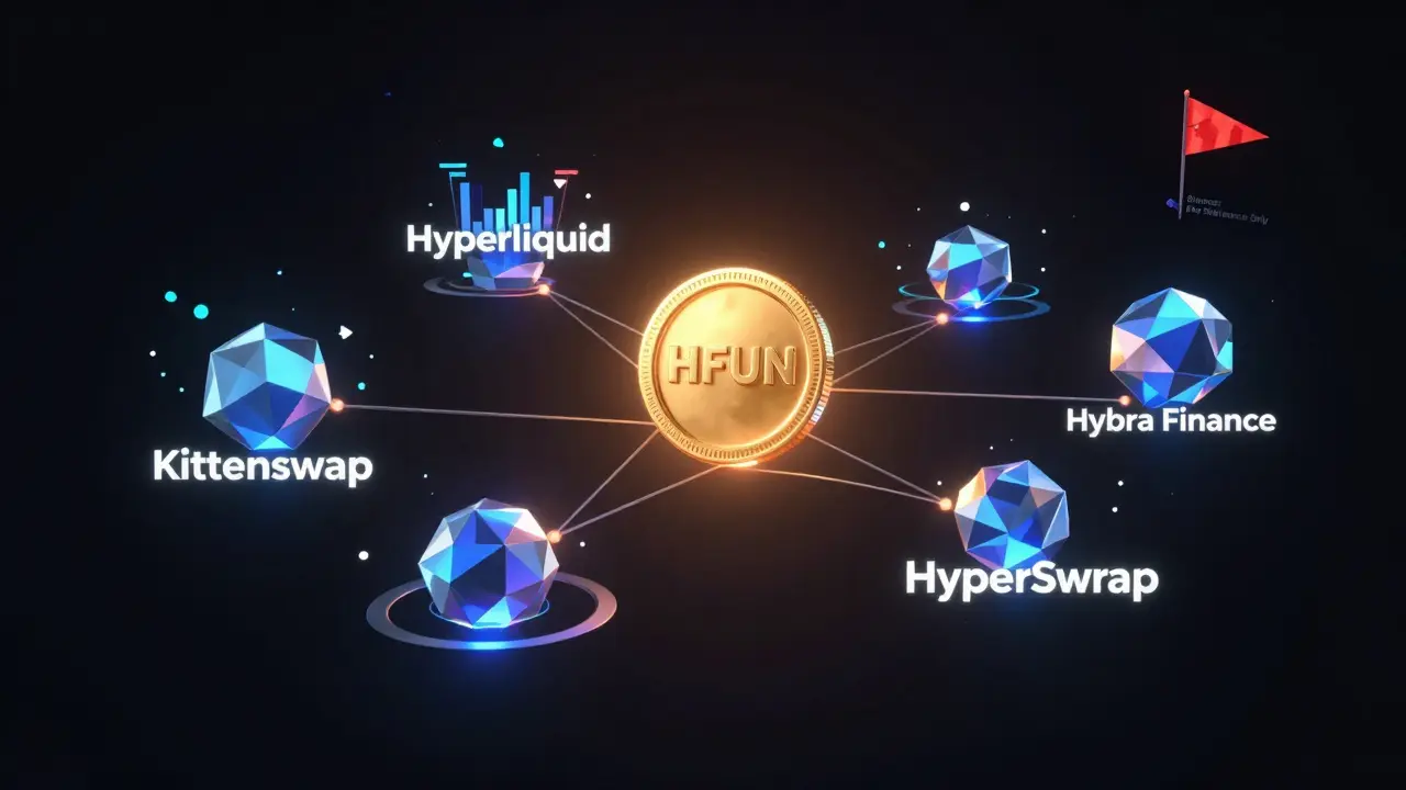 Central HFUN coin connects to four trading platforms via angular lines in a low-poly digital ecosystem.