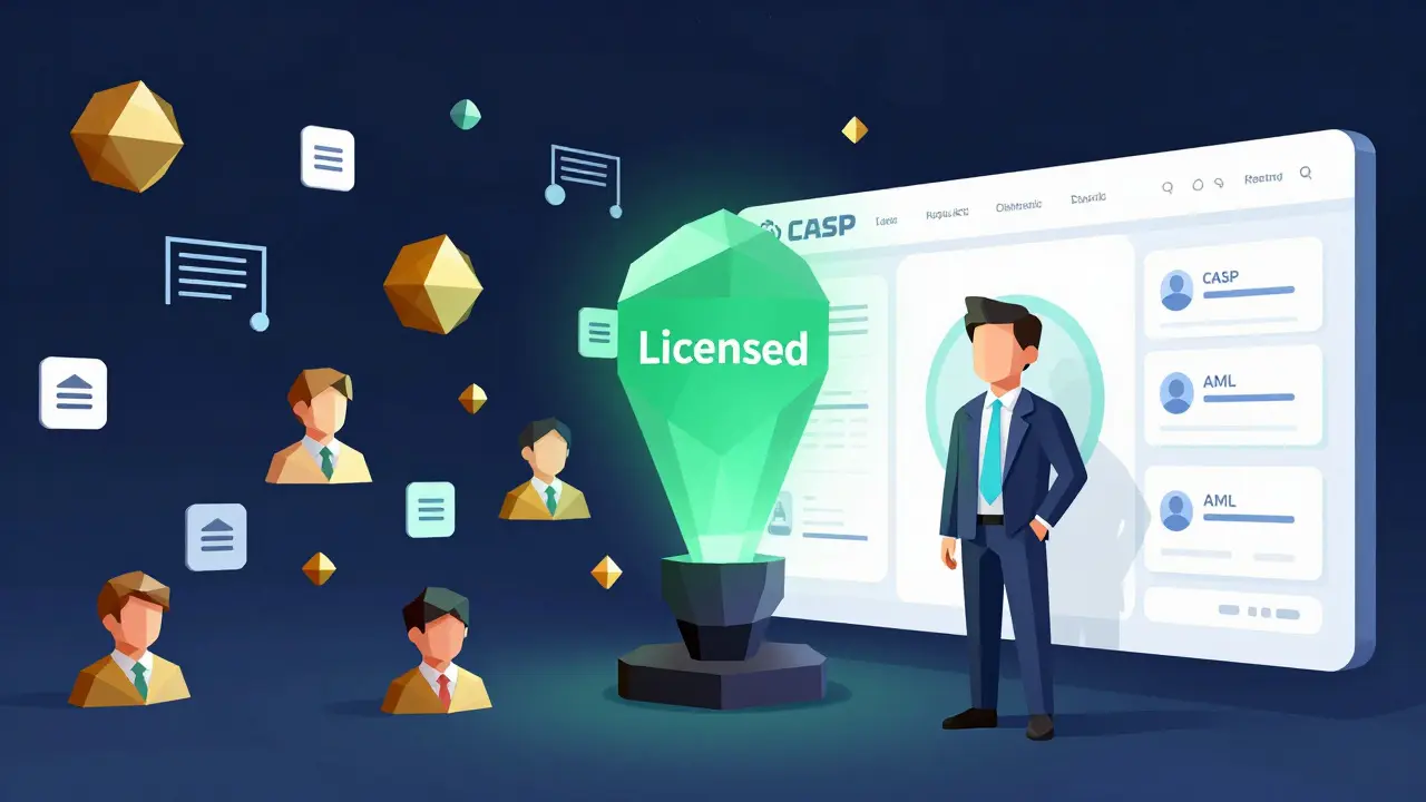 Contrast between chaotic unlicensed DeFi and a clean, regulated CASP interface with verified CEO and asset segregation.