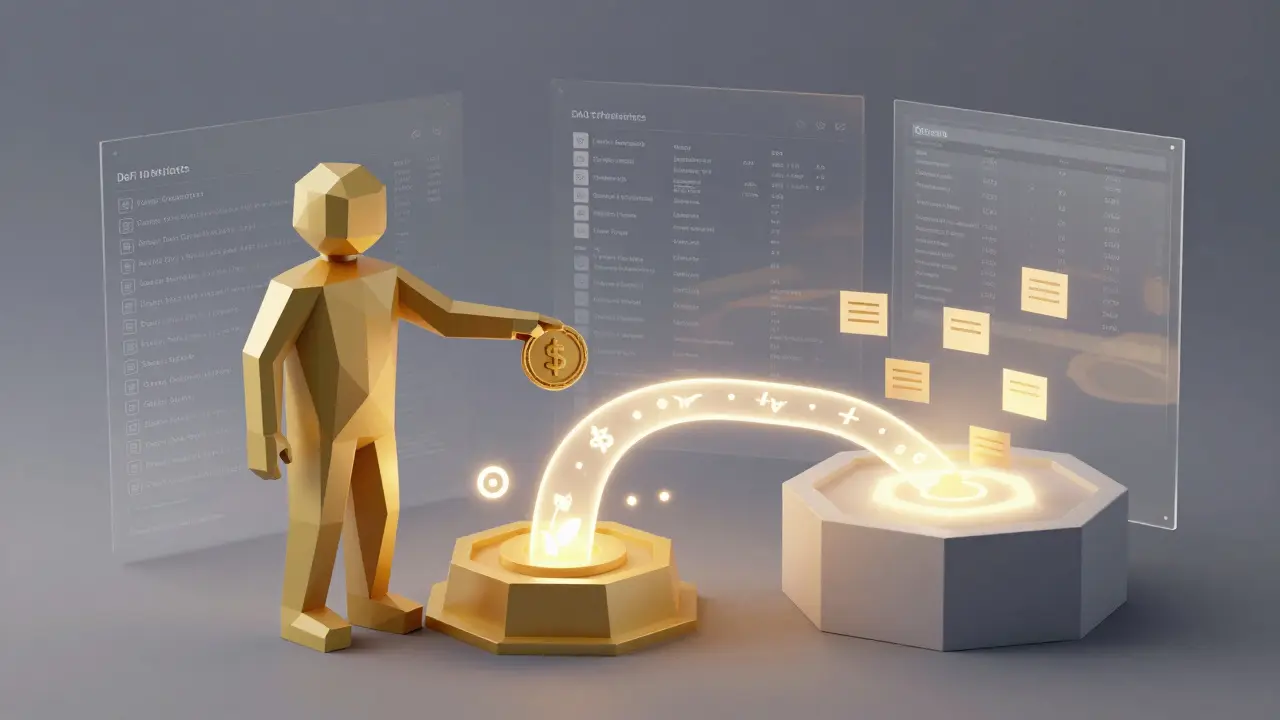 DAO figure merging with DeFi streams, showing governance and yield generation through token usage.