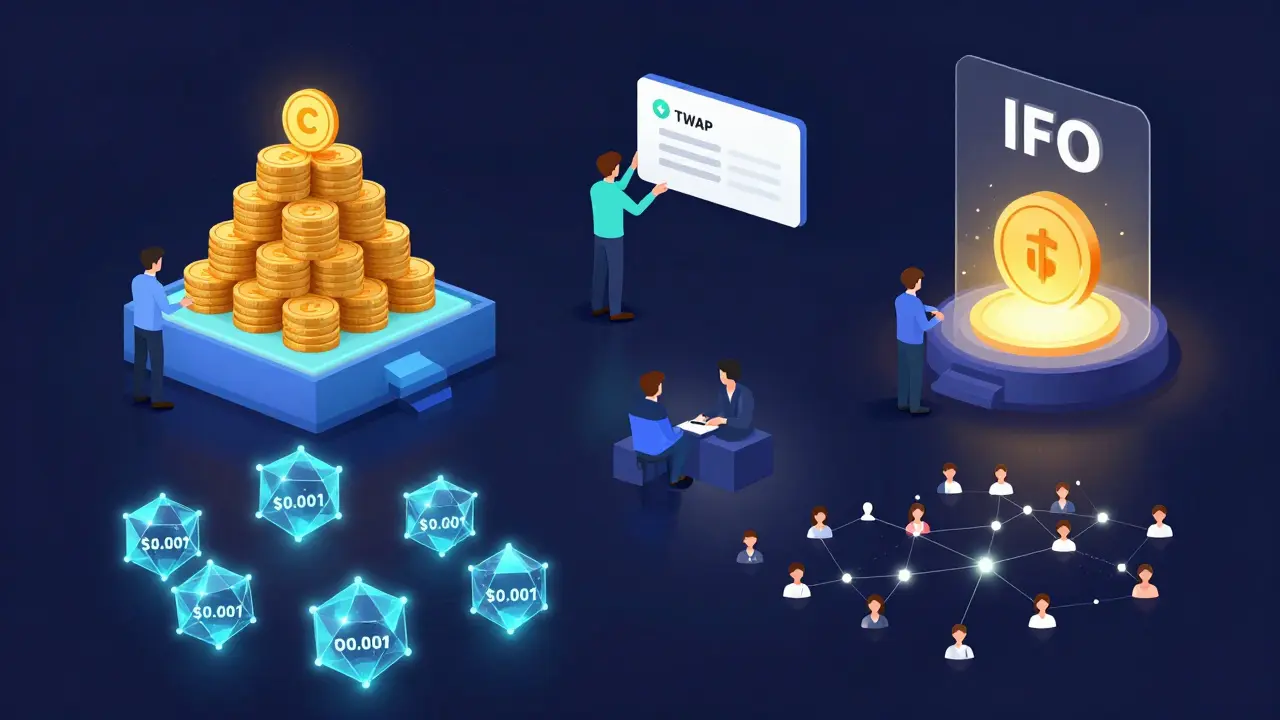 DeFi hub showing staking, limit orders, and IFO participation with opBNB nodes pulsing beneath.