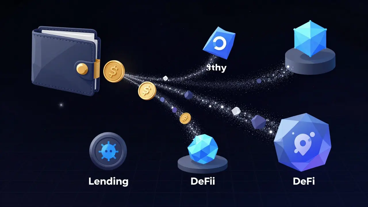 ETH being staked while stETH flows into multiple DeFi applications in geometric form.