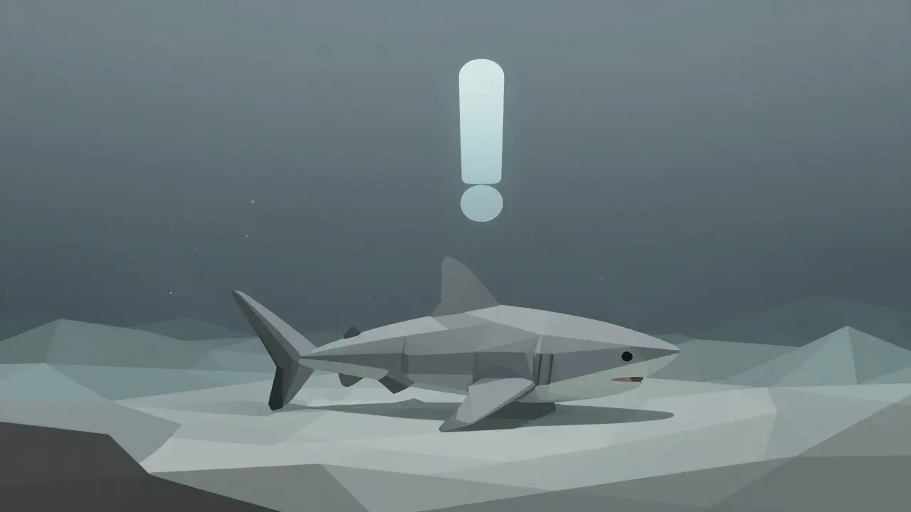 Faded geometric shark resting on ocean floor with pause symbol.