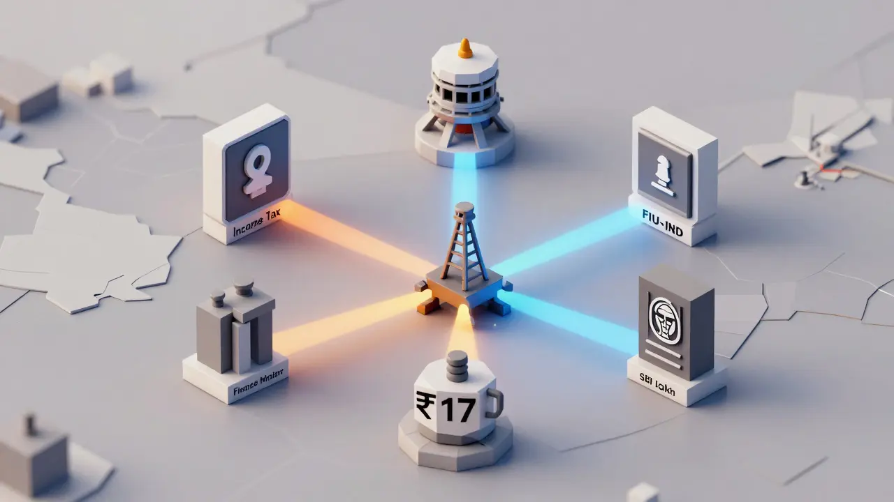 Five government agency icons surrounding a mining rig, each emitting beams that form a tax calculation overlay.
