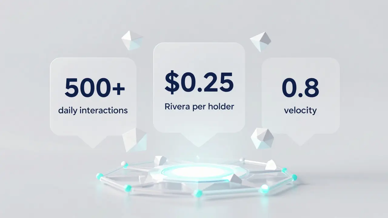 Floating on-chain metrics above a glowing blockchain backbone in low-poly design.