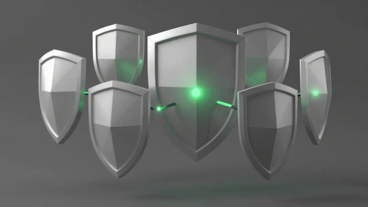 Geometric low poly shields representing regulatory protection systems.