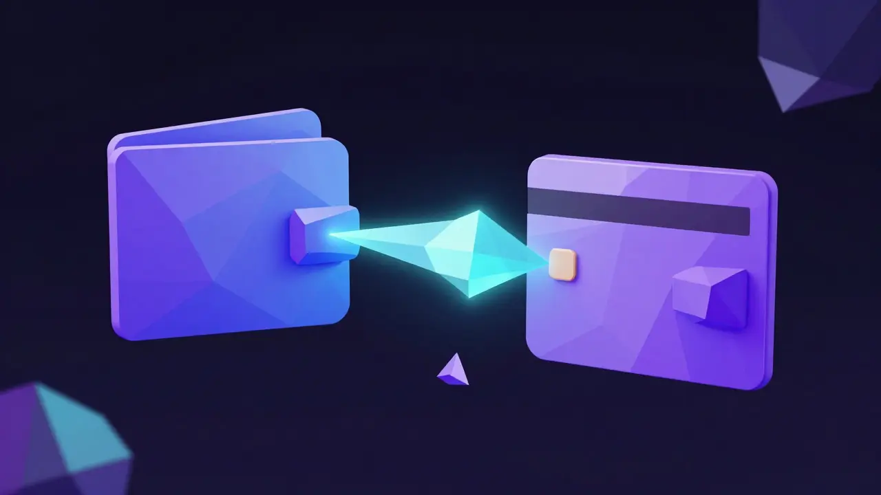 Geometric wallets connected by a digital beam in a dark cyan space.