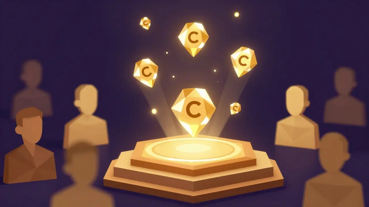 Glowing polygonal crypto tokens distributing from a contract to users.