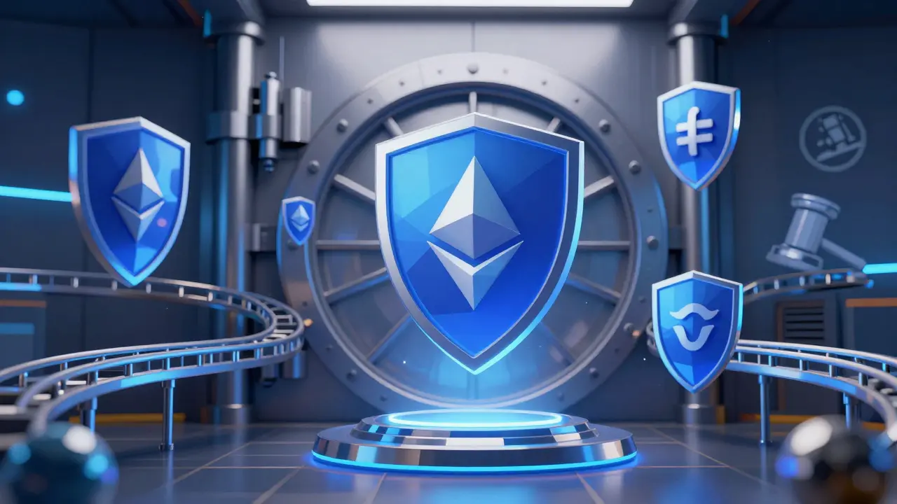 Institutional LsTokens floating with cross-chain bridges and compliance symbols in low-poly style.