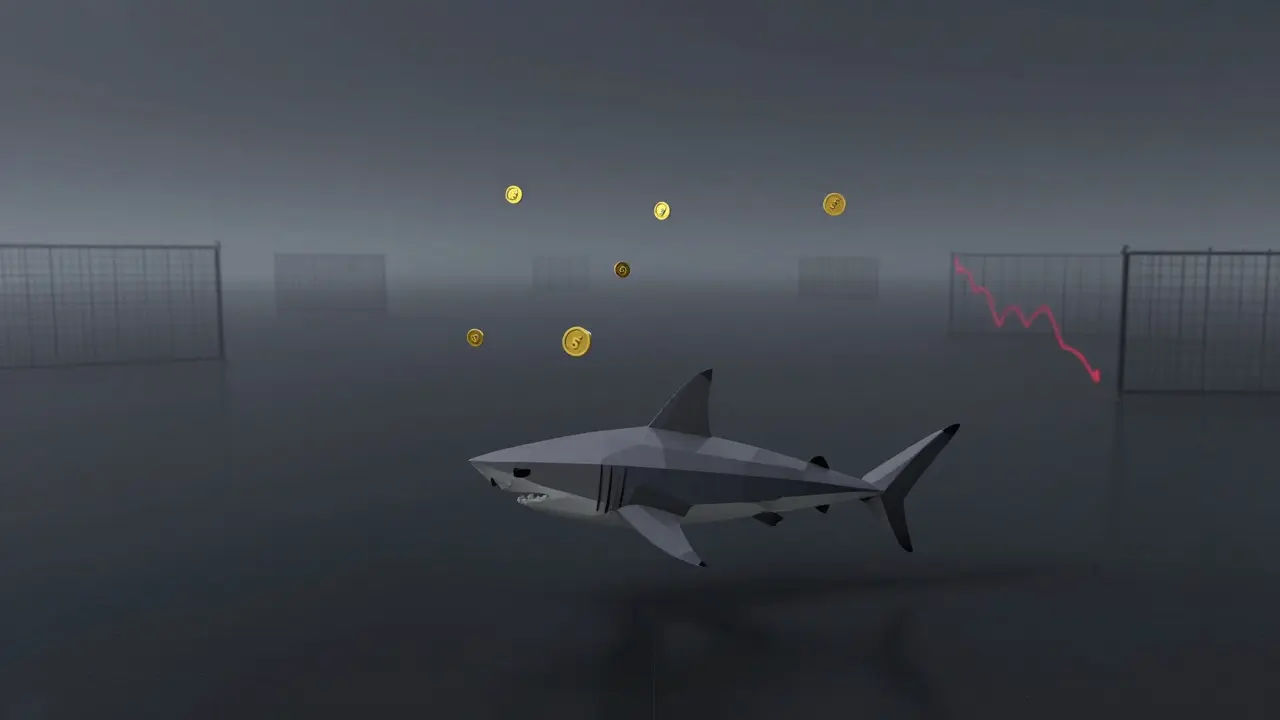 Isolated polygonal shark in a dark void with few floating tokens.