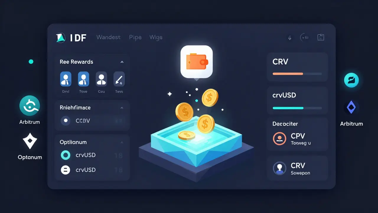 Low-poly Curve Finance dashboard displaying liquidity pools and CRV rewards with chain indicators.