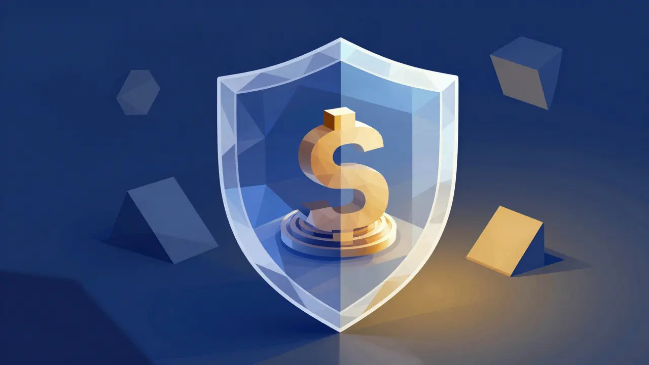 Polygonal shield protecting crypto blocks from abstract threats.