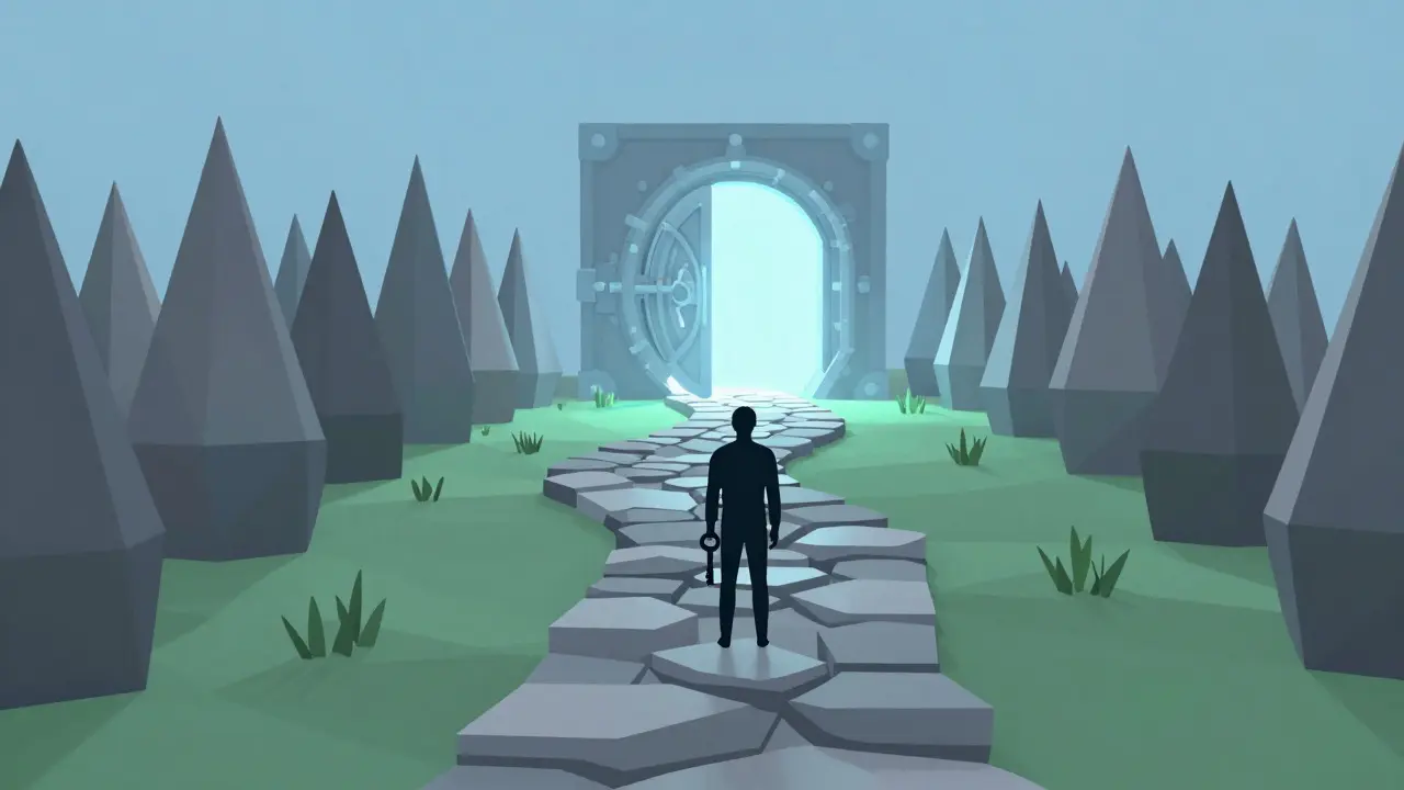 Safe digital path leading to a secure vault avoiding jagged risks.