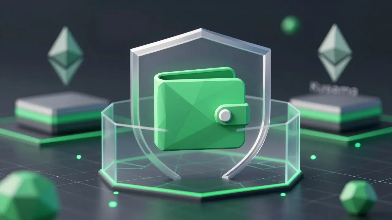 Secure digital wallet icon protected by a hexagonal shield barrier.