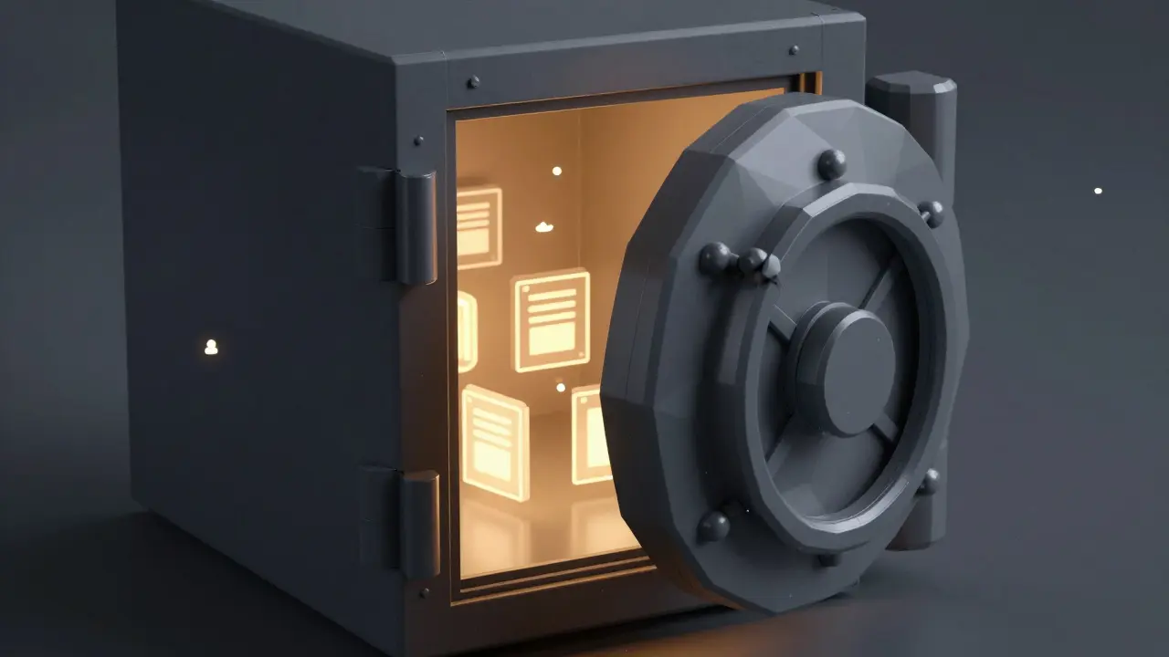 Secure low poly vault glowing with virtual asset verification.