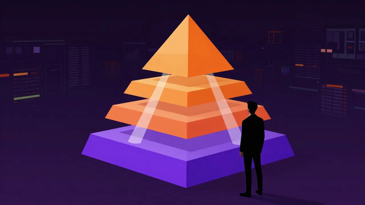 Silhouette observing colorful data pyramid structure in low poly art