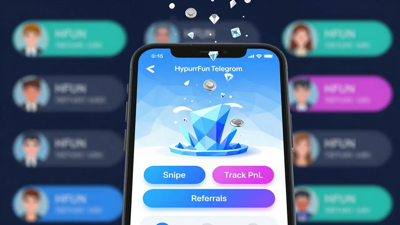 Smartphone screen showing HypurrFun bot controls with HFUN tokens flowing upward in low-poly geometric form.