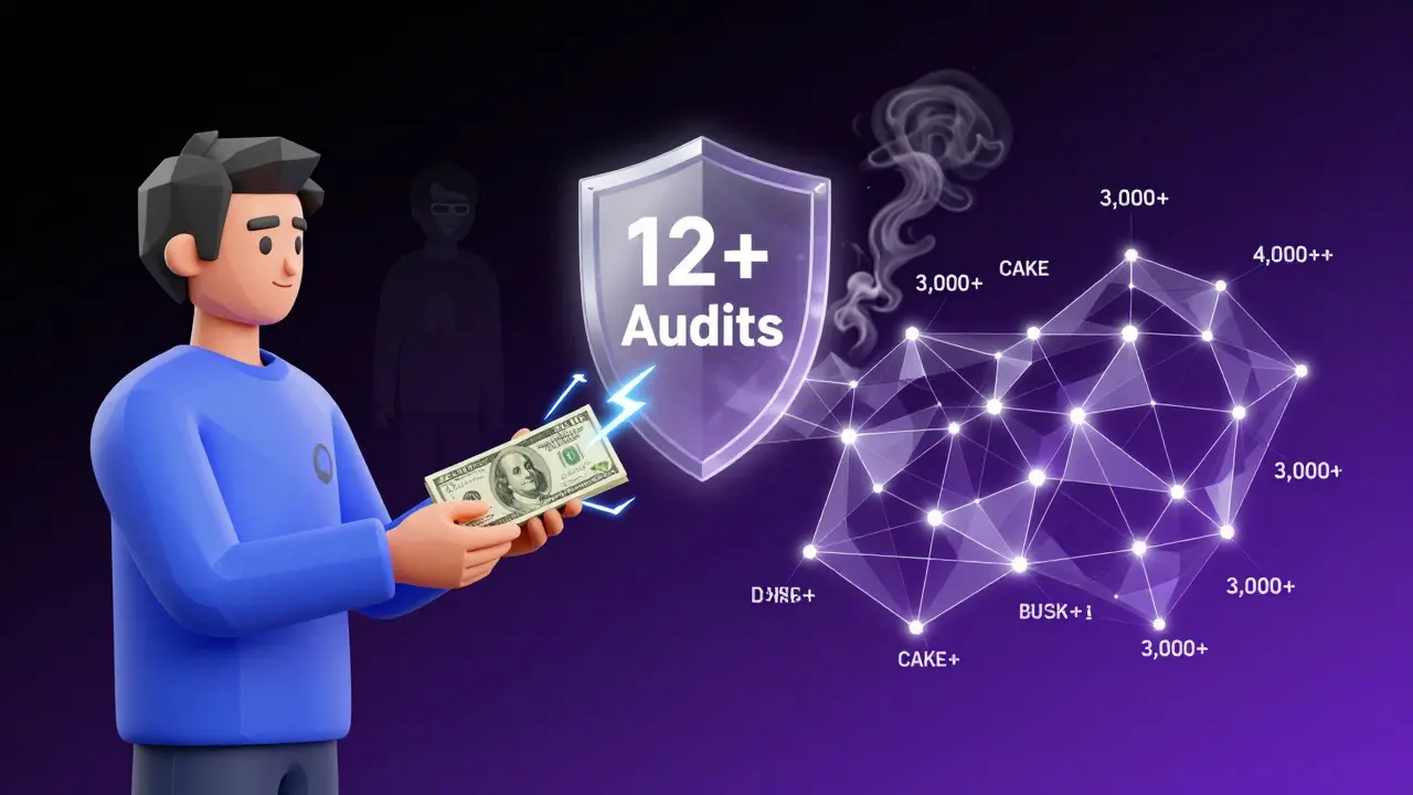 Split-screen of fast crypto swap and 3,000+ trading pairs with security shield above.