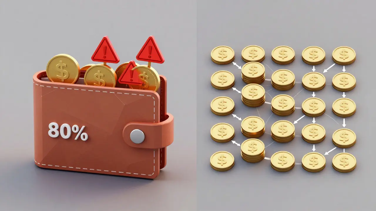 Split view comparing centralized vs. distributed token ownership in low-poly style.