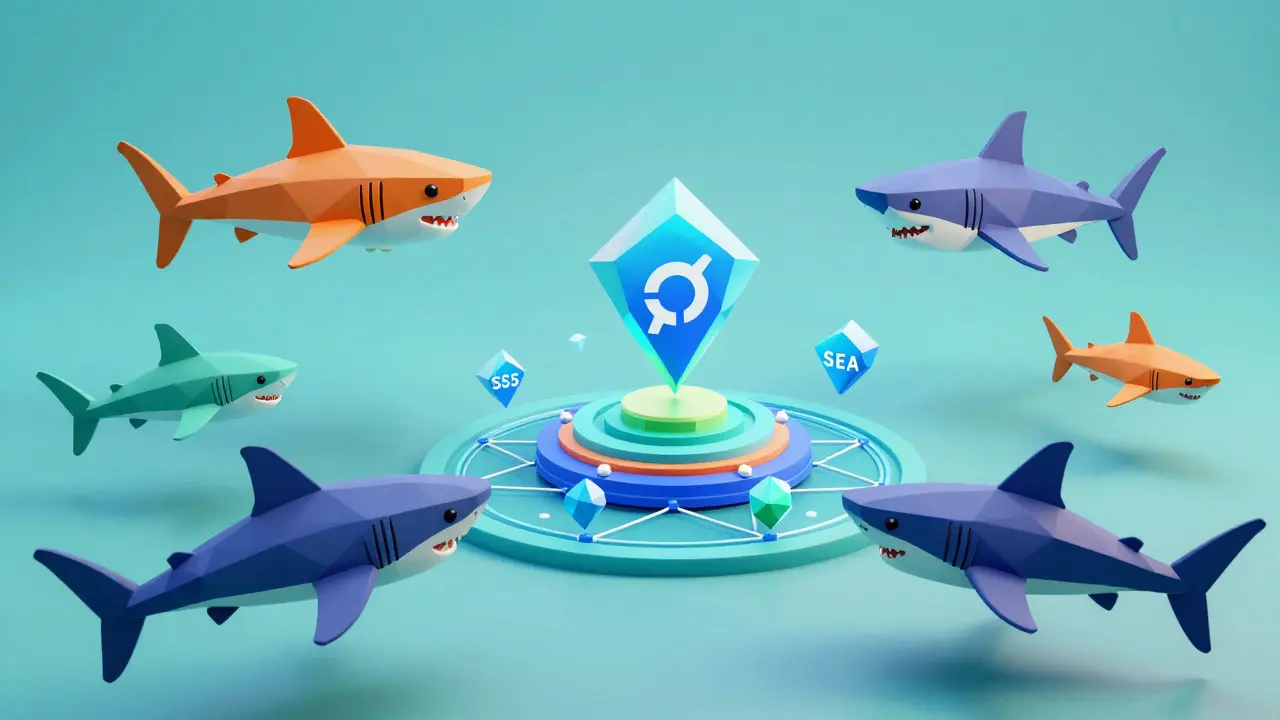 Stylized geometric sharks swimming around blockchain network nodes.